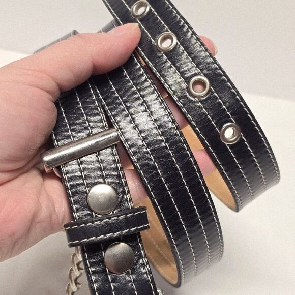 Leatherock Black Genuine Leather Belt With Keychain White Contrast Stitching 38 main image 5